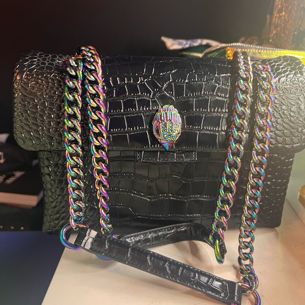 Black Crocodile Kurt Geiger Embossed Bag with Multicolor Chain